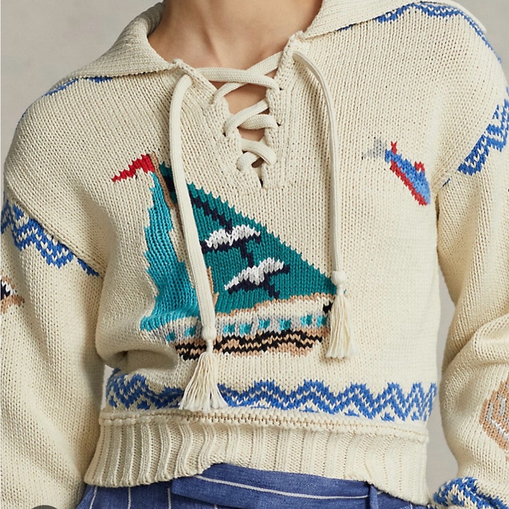 Ralph Lauren Cream and Blue Crew Neck Sweater with Festive Patterns - Picture 4 of 4